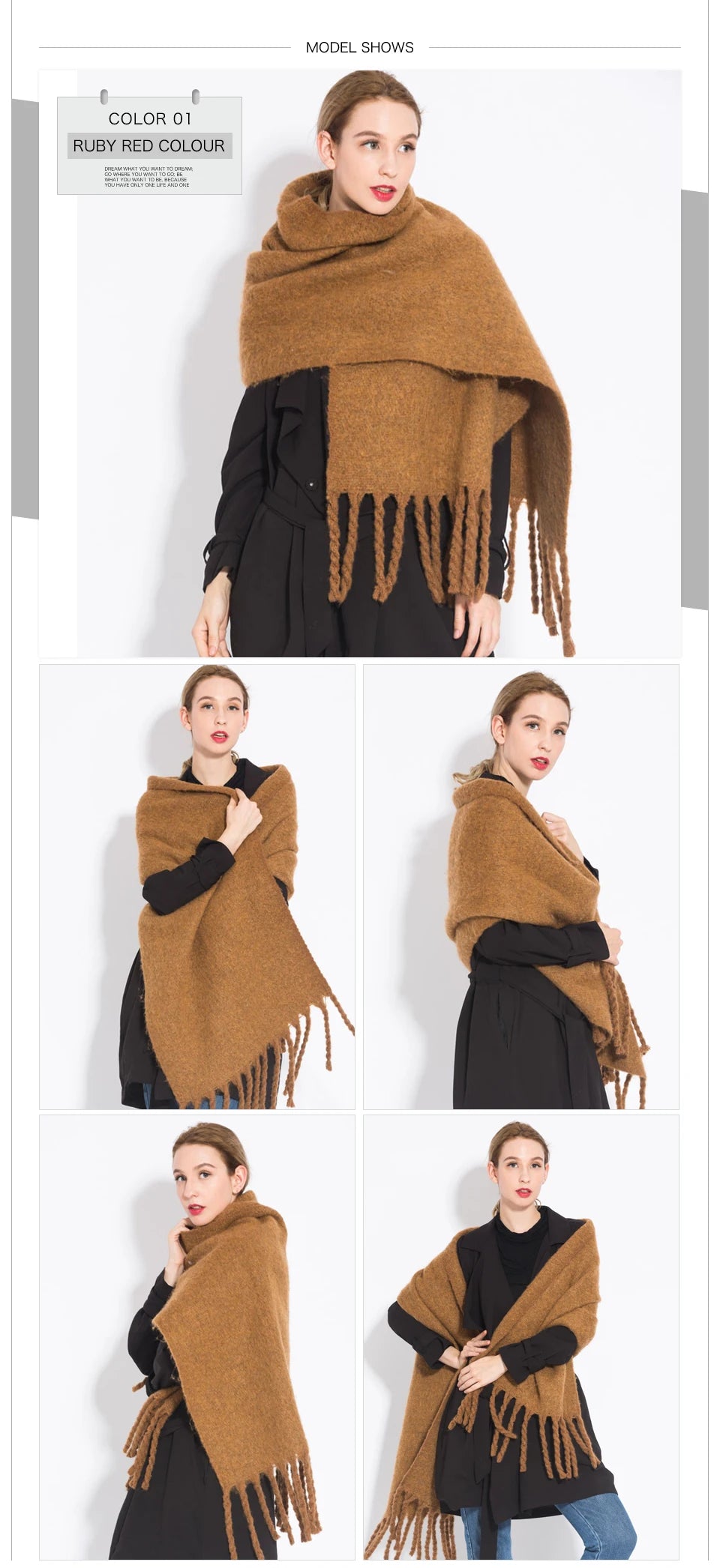 Écharpe pashmina longue à pampilles de couleur unie, châle épais et chaud pour femmes