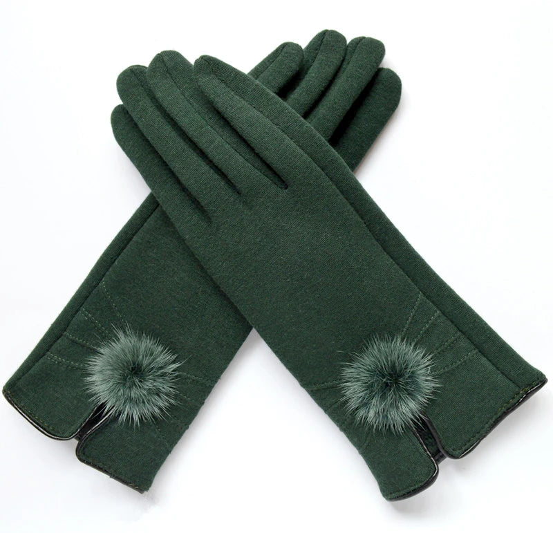 Elegant winter wool gloves with mink ball accents for women