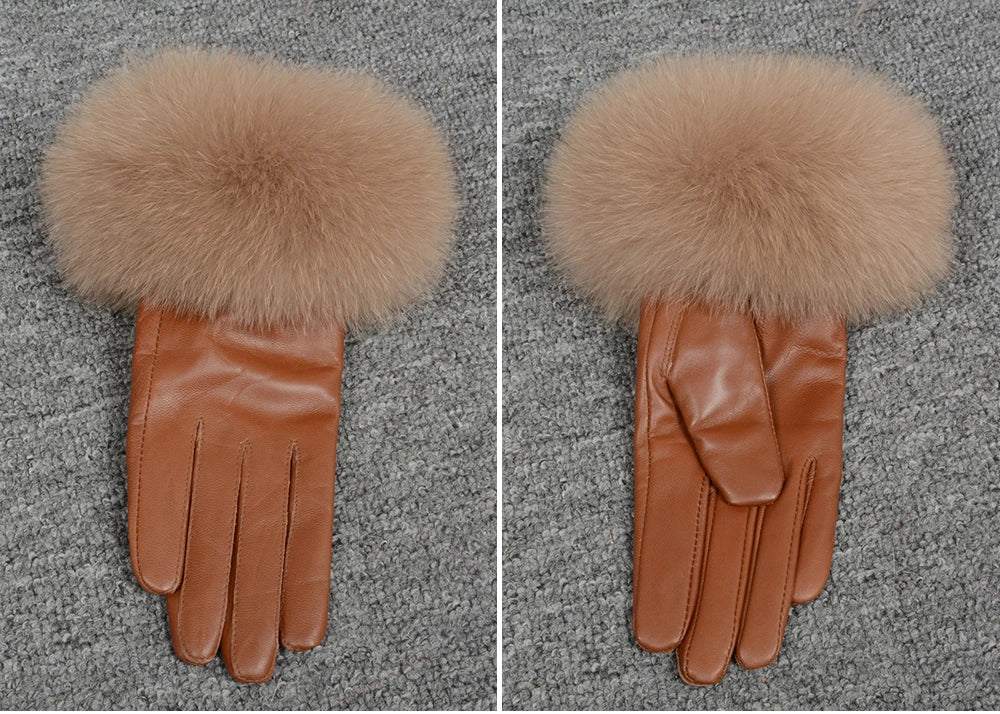 Fashionable Genuine Leather Gloves Real Sheepskin with Eco-Friendly Faux Fur for Women