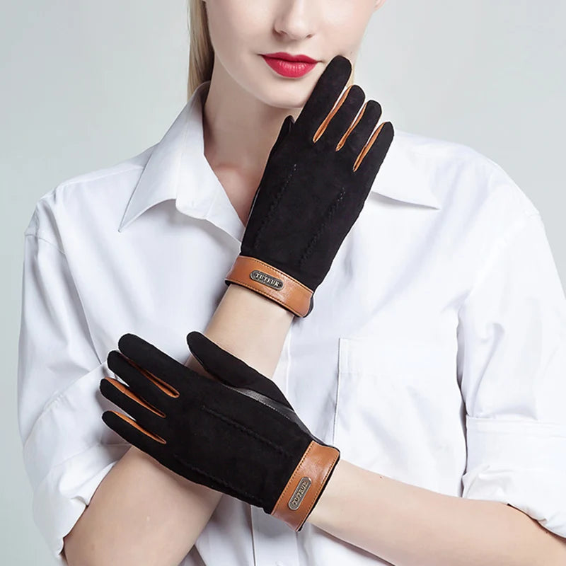 Genuine leather women gloves two tones, warm plush lined suede sheepskin gloves for autumn and winter
