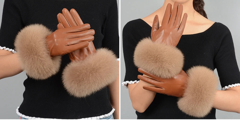 Fashionable Genuine Leather Gloves Real Sheepskin with Eco-Friendly Faux Fur for Women