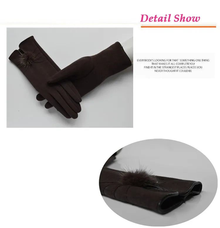Elegant winter wool gloves with mink ball accents for women