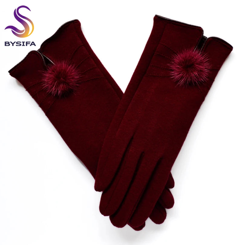 Elegant winter wool gloves with mink ball accents for women
