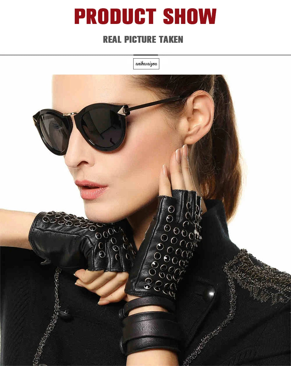 Women leather gloves for fashion fingerless studded punk style performance gloves