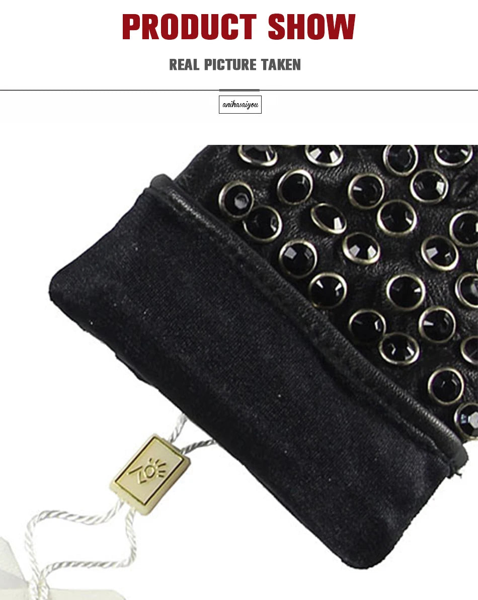 Women leather gloves for fashion fingerless studded punk style performance gloves