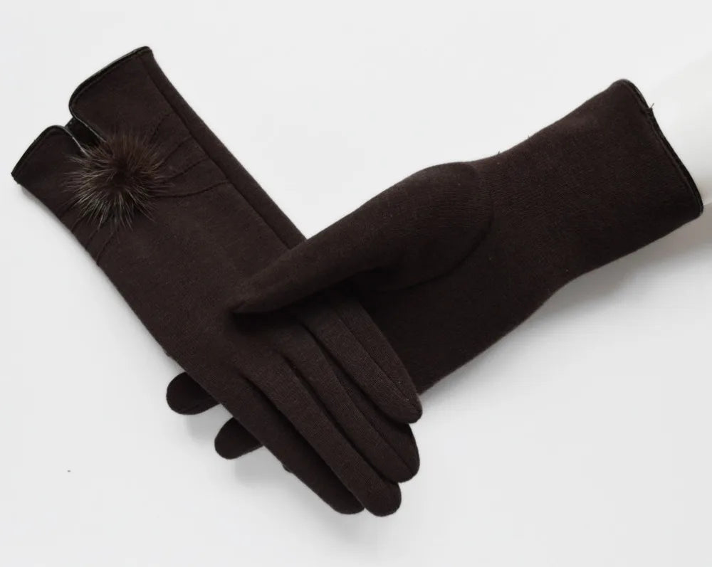 Elegant winter wool gloves with mink ball accents for women