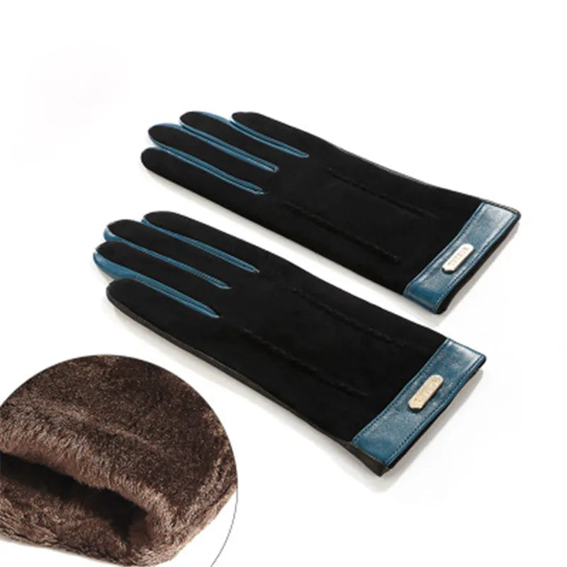 Genuine leather women gloves two tones, warm plush lined suede sheepskin gloves for autumn and winter