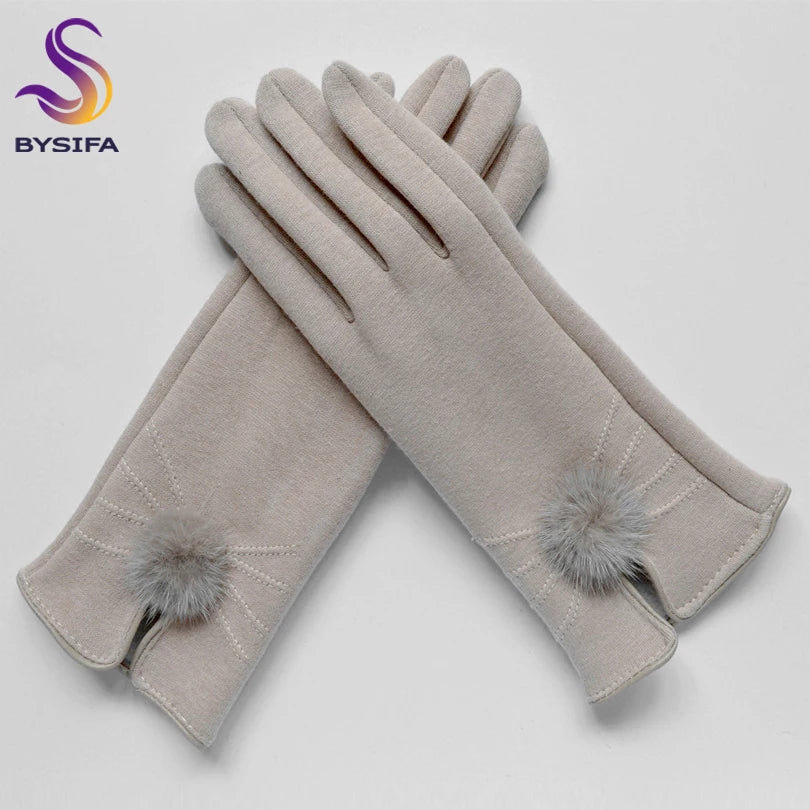 Elegant winter wool gloves with mink ball accents for women