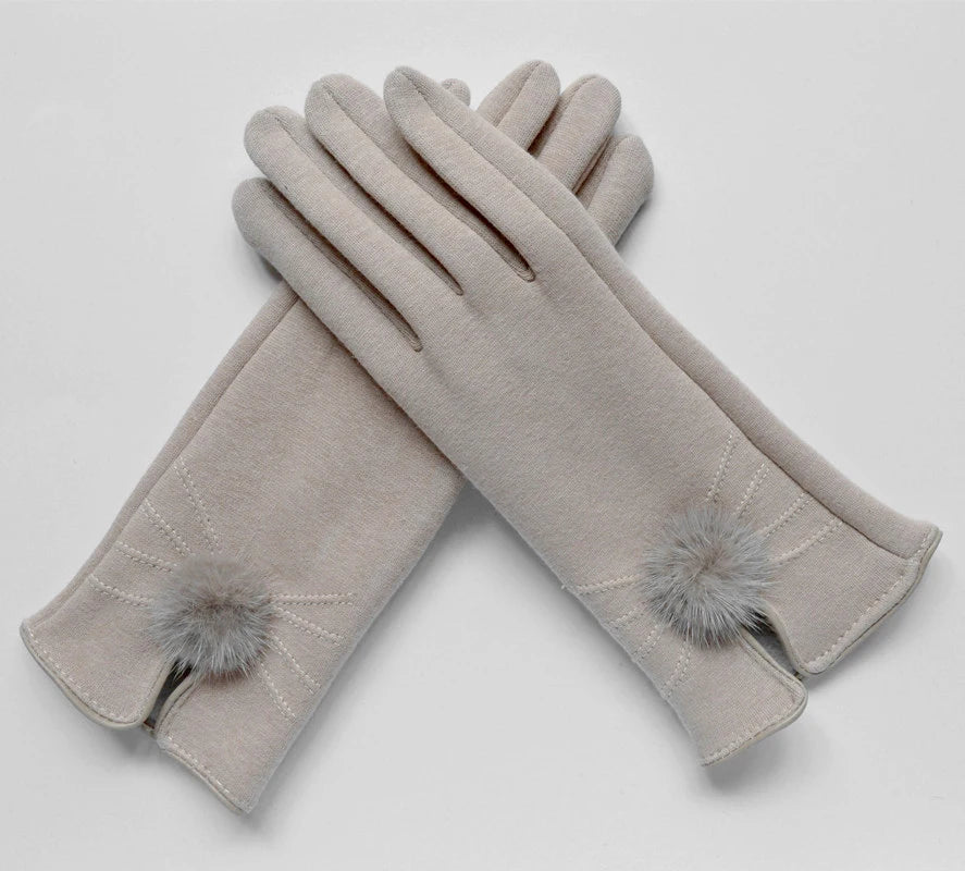 Elegant winter wool gloves with mink ball accents for women