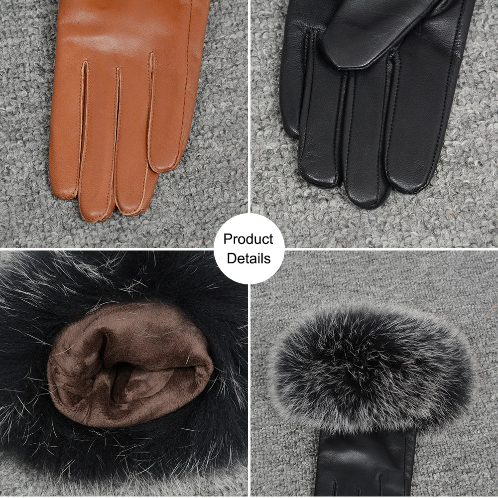 Fashionable Genuine Leather Gloves Real Sheepskin with Eco-Friendly Faux Fur for Women