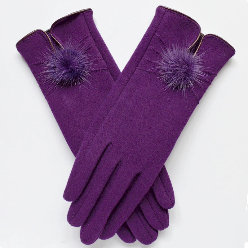 Elegant winter wool gloves with mink ball accents for women