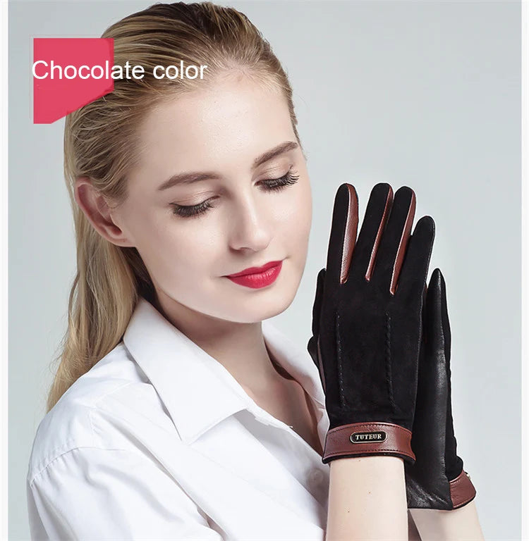 Genuine leather women gloves two tones, warm plush lined suede sheepskin gloves for autumn and winter