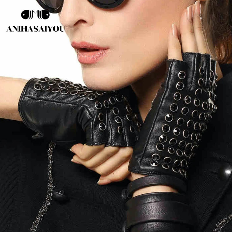 Women leather gloves for fashion fingerless studded punk style performance gloves