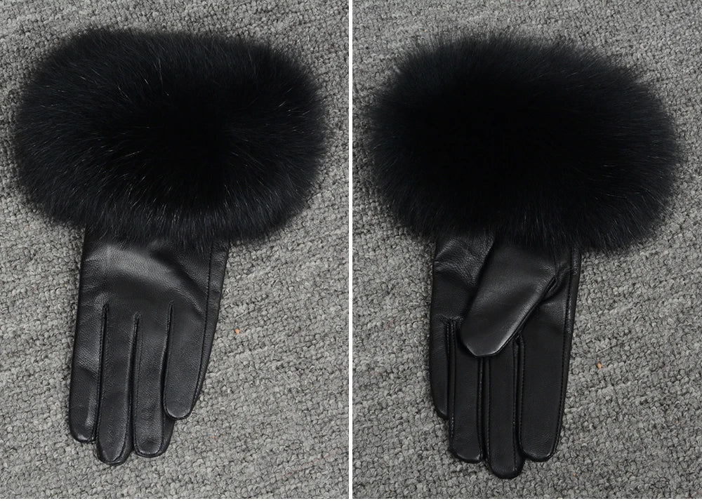 Fashionable Genuine Leather Gloves Real Sheepskin with Eco-Friendly Faux Fur for Women