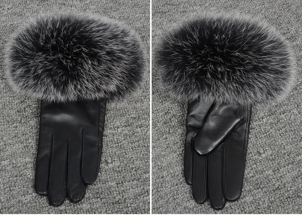 Fashionable Genuine Leather Gloves Real Sheepskin with Eco-Friendly Faux Fur for Women