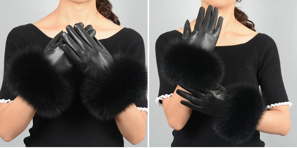 Fashionable Genuine Leather Gloves Real Sheepskin with Eco-Friendly Faux Fur for Women