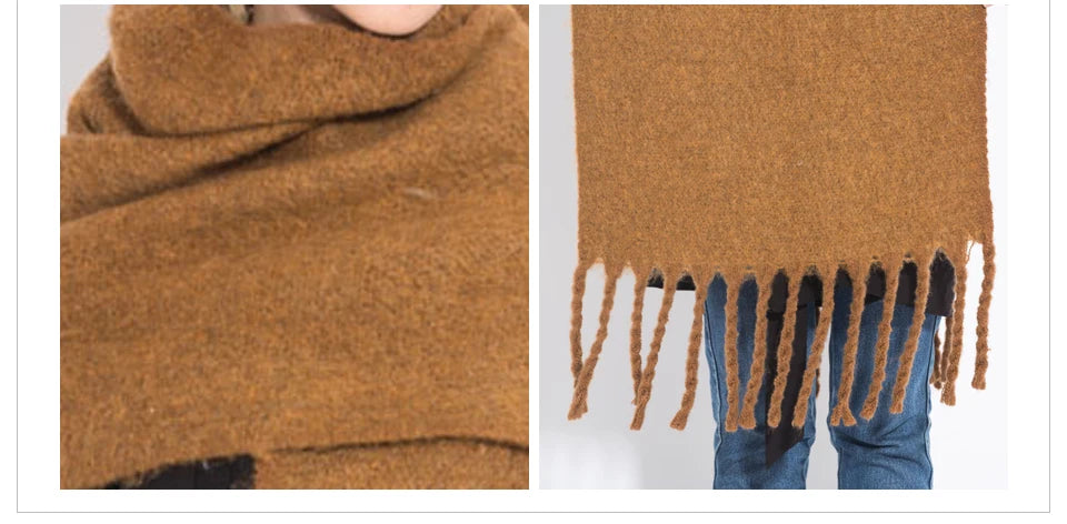 Écharpe pashmina longue à pampilles de couleur unie, châle épais et chaud pour femmes