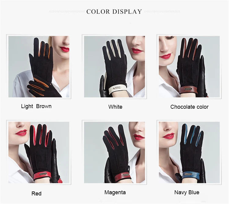Genuine leather women gloves two tones, warm plush lined suede sheepskin gloves for autumn and winter