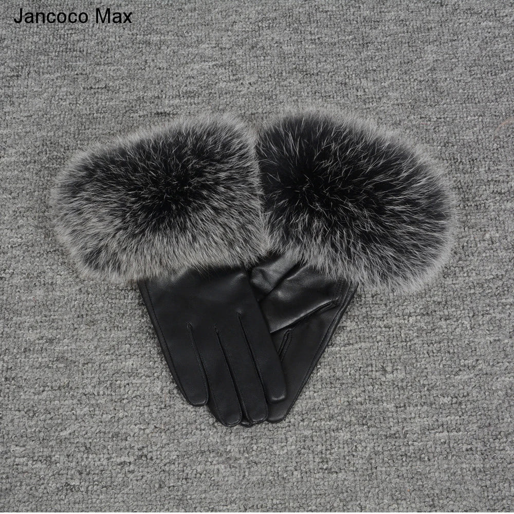 Fashionable Genuine Leather Gloves Real Sheepskin with Eco-Friendly Faux Fur for Women
