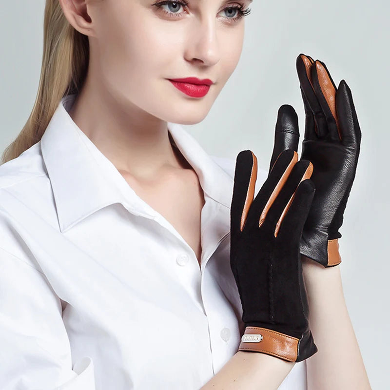 Genuine leather women gloves two tones, warm plush lined suede sheepskin gloves for autumn and winter
