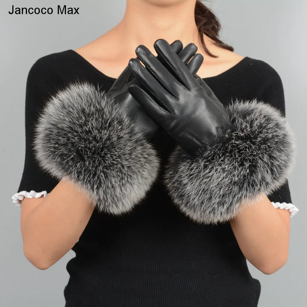 Fashionable Genuine Leather Gloves Real Sheepskin with Eco-Friendly Faux Fur for Women
