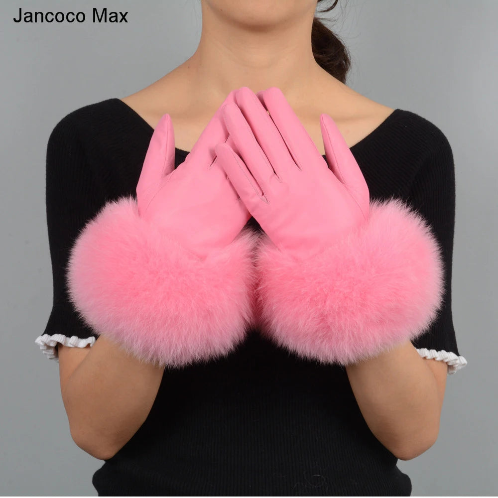 Fashionable Genuine Leather Gloves Real Sheepskin with Eco-Friendly Faux Fur for Women