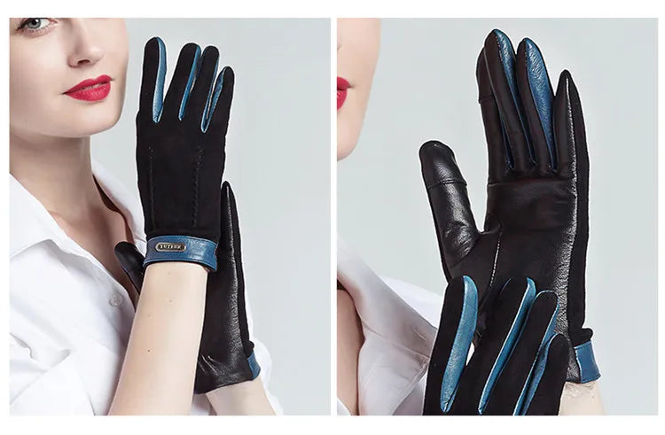 Genuine leather women gloves two tones, warm plush lined suede sheepskin gloves for autumn and winter