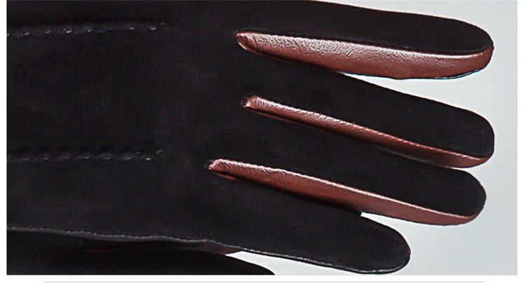 Genuine leather women gloves two tones, warm plush lined suede sheepskin gloves for autumn and winter