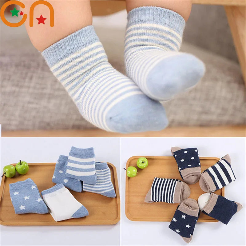 5 pairs girls baby soft cotton socks - warm striped cartoon socks for 0-8 years
