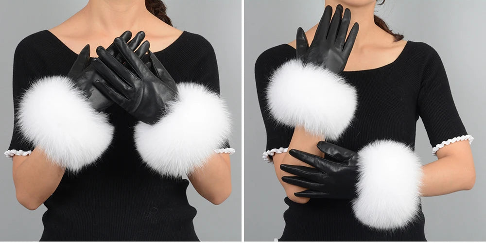 Fashionable Genuine Leather Gloves Real Sheepskin with Eco-Friendly Faux Fur for Women