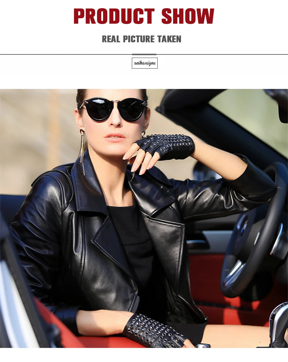 Women leather gloves for fashion fingerless studded punk style performance gloves