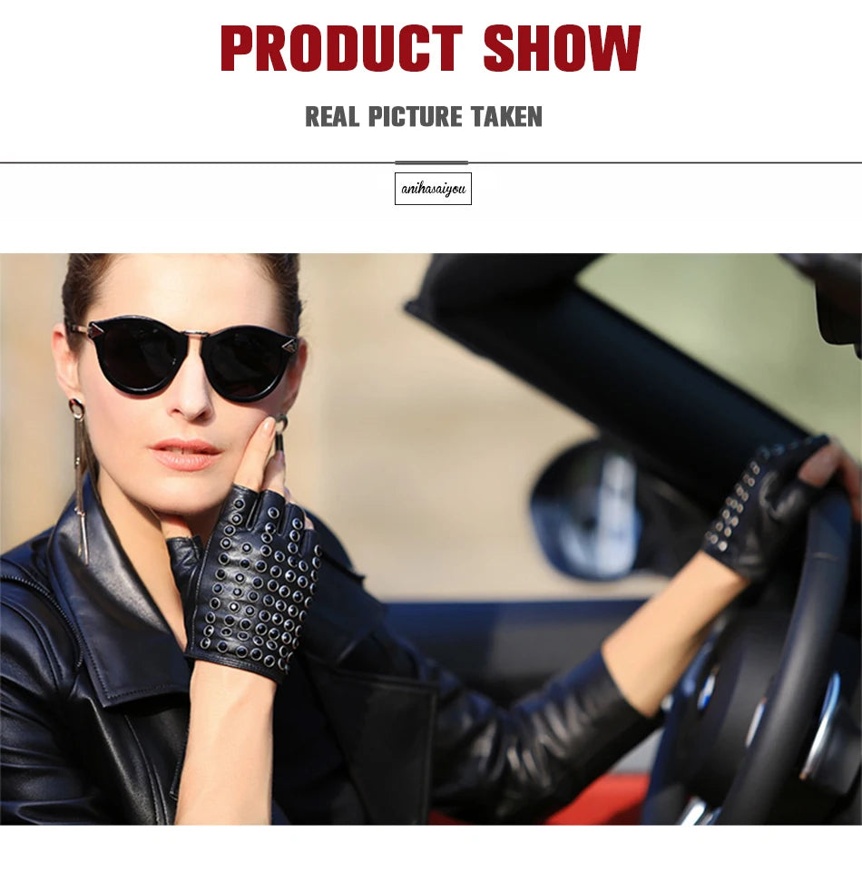 Women leather gloves for fashion fingerless studded punk style performance gloves