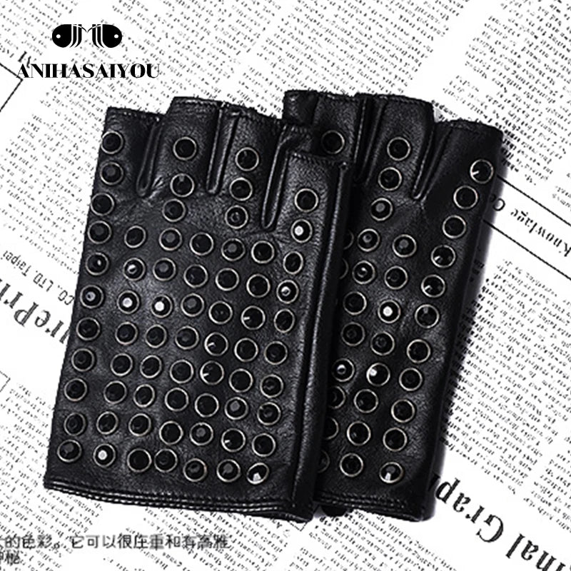 Women leather gloves for fashion fingerless studded punk style performance gloves