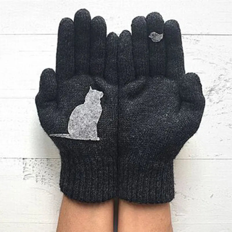 Winter warmth with cat and bird printed thermal knitted cashmere feel gloves - energize your cold days with cozy comfort women or teens girls gloves