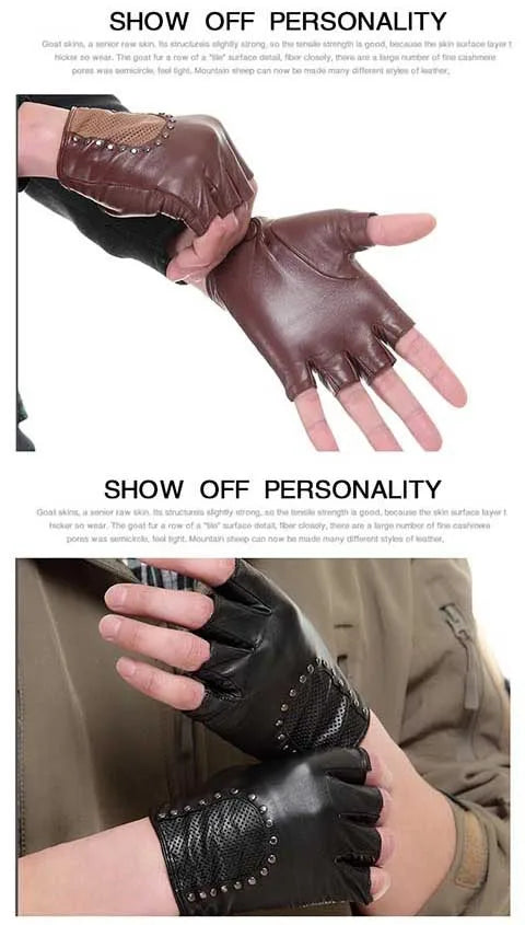 Chic stylish half finger leather motor driving gloves - breathable genuine leather gloves for even sports anti-slip