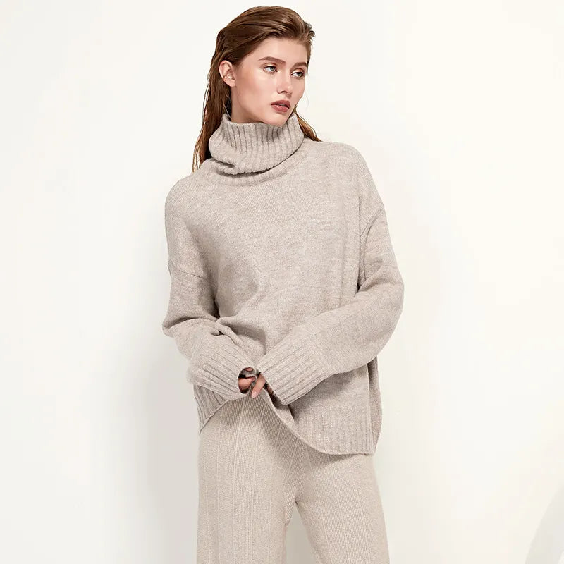 Sophisticated solid knitted two-piece set with turtleneck batwing sweater and casual wide leg pants loungewear set