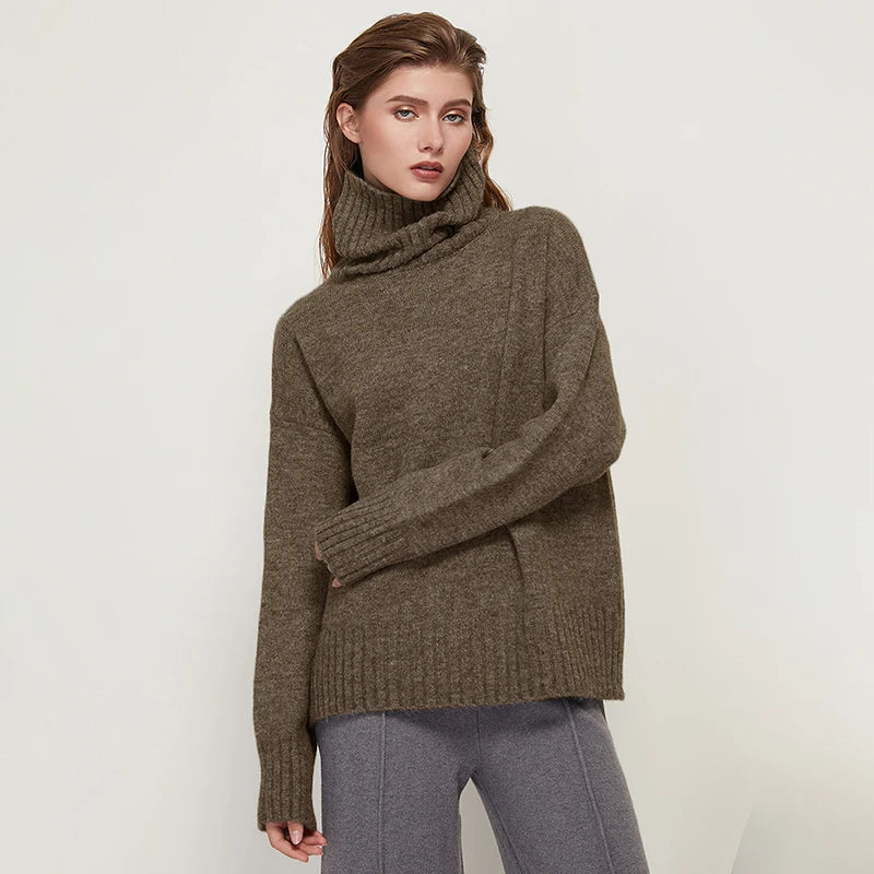Sophisticated solid knitted two-piece set with turtleneck batwing sweater and casual wide leg pants loungewear set