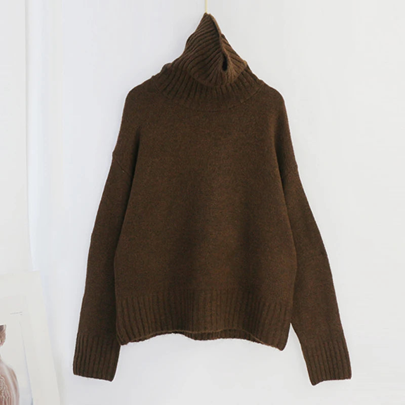 Sophisticated solid knitted two-piece set with turtleneck batwing sweater and casual wide leg pants loungewear set