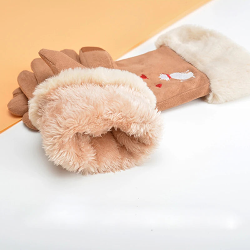 Elegant cat winter women's suede touch screen gloves with cozy soft velvet inside thicken female cats embroidery gloves
