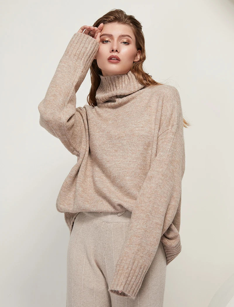 Sophisticated solid knitted two-piece set with turtleneck batwing sweater and casual wide leg pants loungewear set