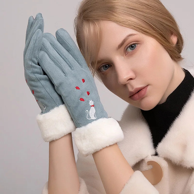 Elegant cat winter women's suede touch screen gloves with cozy soft velvet inside thicken female cats embroidery gloves