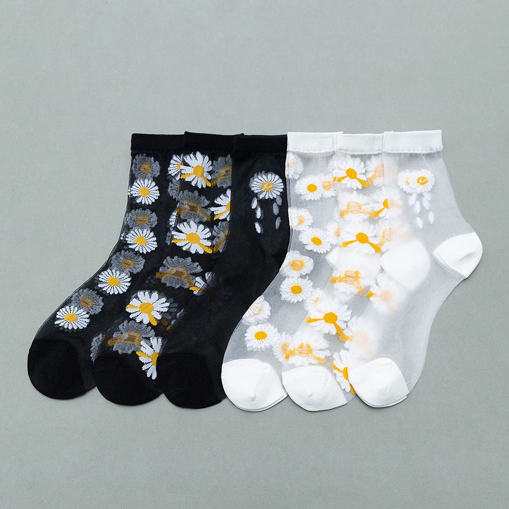 3 pairs super set of women's summer floral socks - delicate crystal-clear daisies, stylish and comfy!