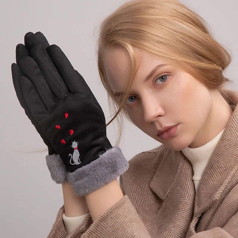 Elegant cat winter women's suede touch screen gloves with cozy soft velvet inside thicken female cats embroidery gloves