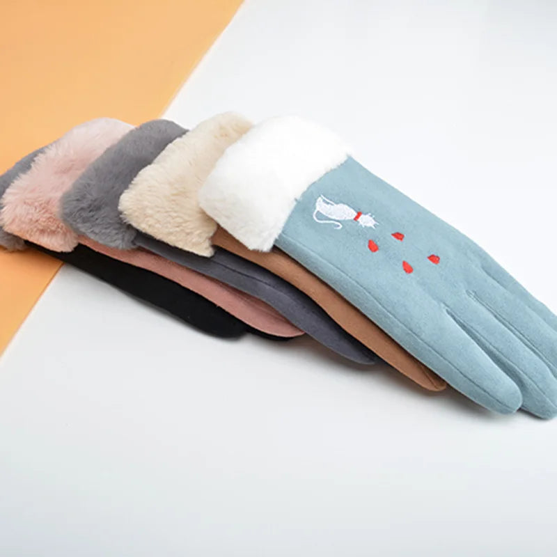 Elegant cat winter women's suede touch screen gloves with cozy soft velvet inside thicken female cats embroidery gloves