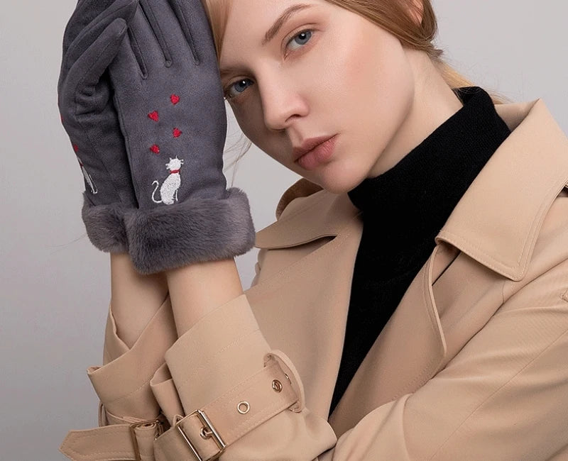 Elegant cat winter women's suede touch screen gloves with cozy soft velvet inside thicken female cats embroidery gloves