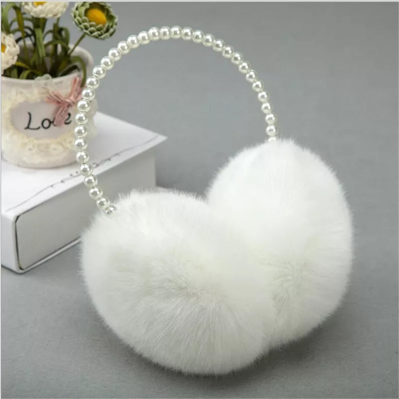 Cute cozy warm Pearl Earmuffs , Comfortable Winter Warmers in Imitation Rabbit Plush for Keeping Warm women and girls