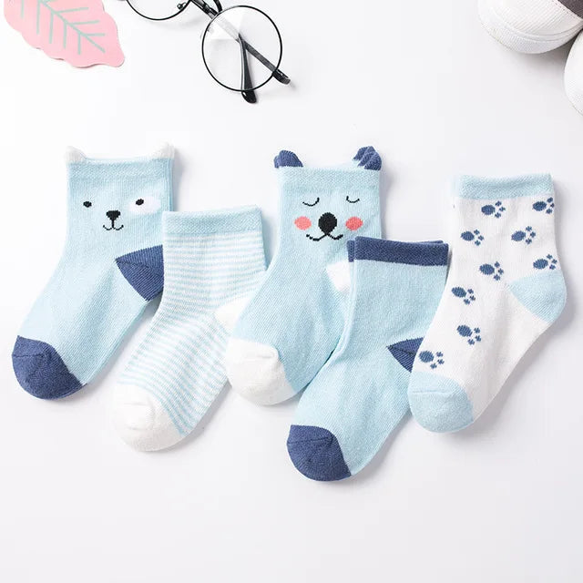 5 pairs girls baby soft cotton socks - warm striped cartoon socks for 0-8 years