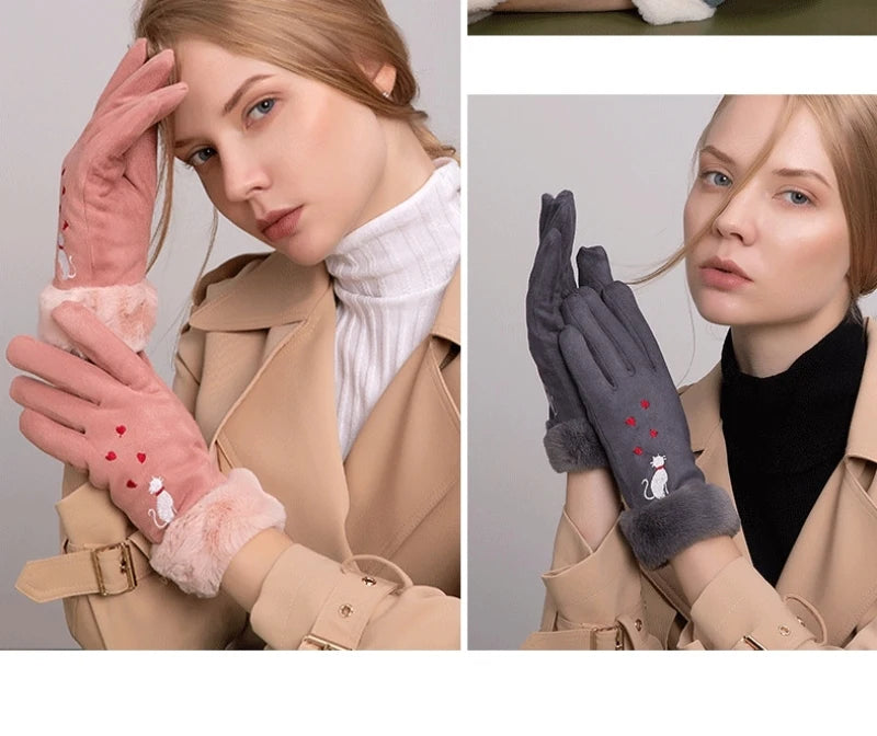 Elegant cat winter women's suede touch screen gloves with cozy soft velvet inside thicken female cats embroidery gloves