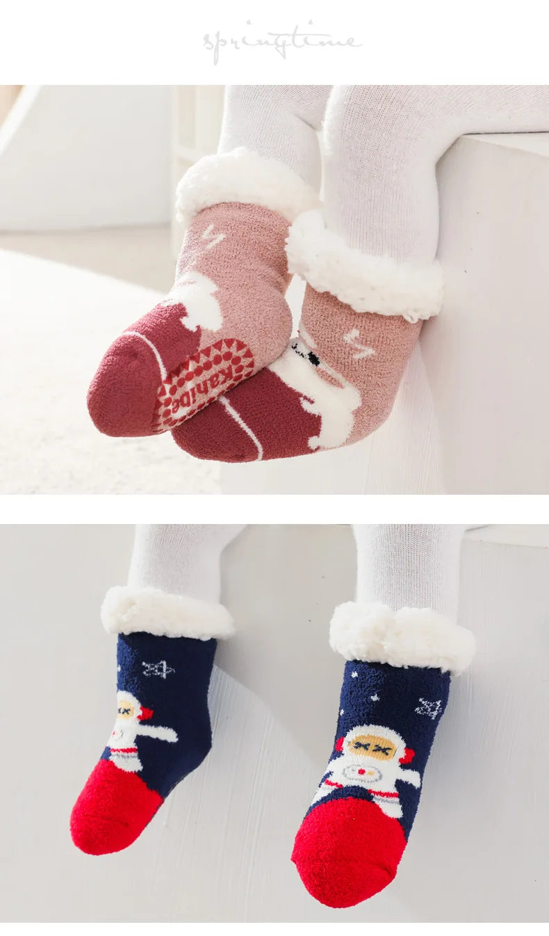 Baby winter cartoon Christmas socks thick cotton, warm and non-slip thermal socks for kids aged 0-4 years old