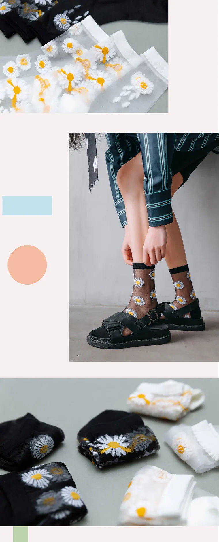 3 pairs super set of women's summer floral socks - delicate crystal-clear daisies, stylish and comfy!